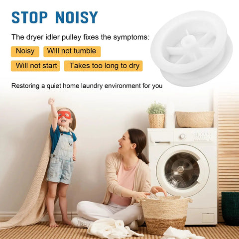 Dryer Idler Pulley Wheel Replacement for Hotpoint and Compatible Dryers, Easy DIY Fix diagram with happy family in laundry room