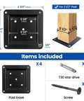 Product image showing a 4 Pack Wood Post Plate Connectors For 3.5 By 3.5 Posts Deck Post Base Plate For Fence And Railing Black 45 Steel WT25 Built To Last Heavy Duty Outdoor Post Brackets with dimensions and included items.