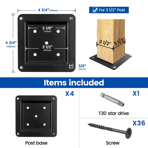 Product image showing a 4 Pack Wood Post Plate Connectors For 3.5 By 3.5 Posts Deck Post Base Plate For Fence And Railing Black 45 Steel WT25 Built To Last Heavy Duty Outdoor Post Brackets with dimensions and included items.