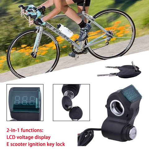Universal Ebike Ignition Switch With Key And Throttle Display, 12V-96V Voltage Readout, 3-Wire Lock, 63-Inch Cable, Fits 22mm Handlebars, Electric Scooter Key Switch, 2-In-1 Bike Key Ignition