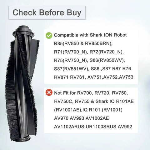 Replacement Parts Kit For Shark ION Robot Vacuums AV751 RV850 RV761 RV771 RV871 R75 R72 R71 S86 S87 S88 AV752 AV753, main brush with compatibility list.