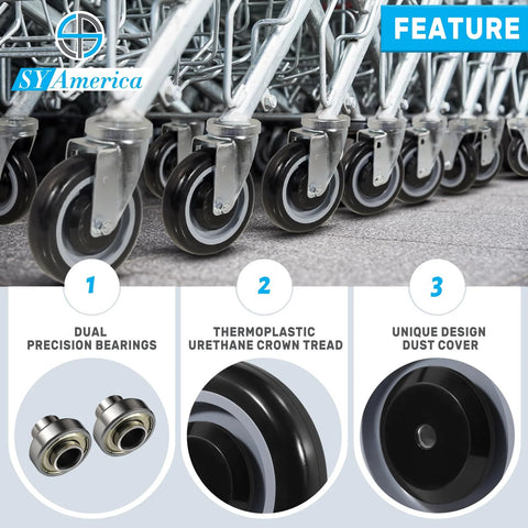 5 Inch Shopping Cart Replacement Wheels Kit With Dual Precision Bearings, Polyurethane Wheels Set for carts shown