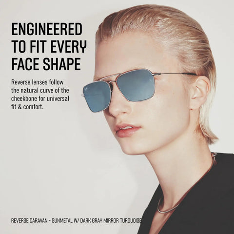 RBR0102S Caravan Reverse Sunglasses Gold Frame With Dark Green Lenses 58mm Concave Lens Design worn by model