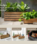 Premium Acacia Wood Planter Box With Crate Style Design Built To Last for indoor and outdoor decor, various settings shown.