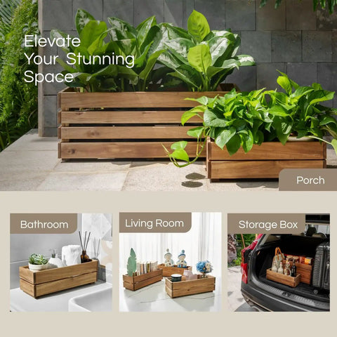 Premium Acacia Wood Planter Box With Crate Style Design Built To Last for indoor and outdoor decor, various settings shown.