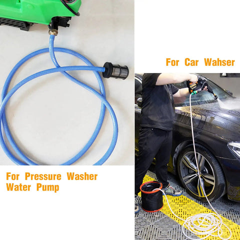 Four Pack Garden Hose Filters With Double Layer Stainless Steel Mesh Sixty Mesh Inlet Strainers, connected to car washer