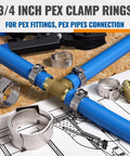 30 Pack 3/4 Inch Pex Crimp Rings Stainless Steel Cinch Clamps for Tubing and Pipes on blueprint and wood background