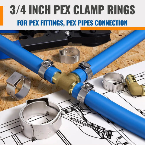 30 Pack 3/4 Inch Pex Crimp Rings Stainless Steel Cinch Clamps for Tubing and Pipes on blueprint and wood background