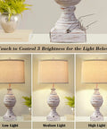 Cozy Farmhouse Table Lamps Set of 2 With USB Charging Ports, 3 way dimmable rustic wood finish with brightness settings control.