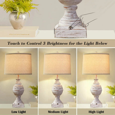 Cozy Farmhouse Table Lamps Set of 2 With USB Charging Ports, 3 way dimmable rustic wood finish with brightness settings control.
