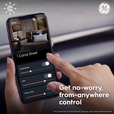 Person using app to control A19 Smart LED Light Bulbs Soft White Dimmable 60W Equivalent with Bluetooth and WiFi on smartphone
