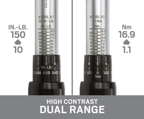 One Quarter Inch Drive Dual Direction Click Torque Wrench with 10-150 inch pounds range scale, high contrast dual range display