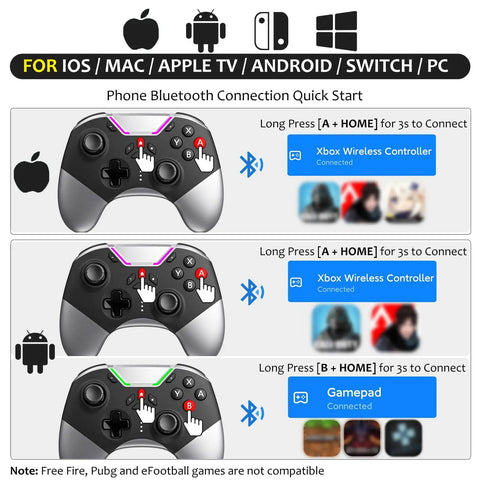 Wireless Game Controller for Switch PC iPhone Android Apple Arcade TV Steam with connection instructions