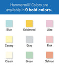 Color chart showing Hammermill printer paper in nine colors, including Goldenrod, Blue, Lilac, Canary, Gray, Pink, Cream, Green, Salmon.