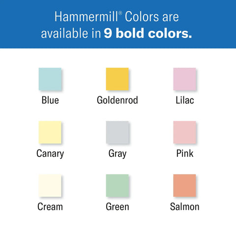 Color chart showing Hammermill printer paper in nine colors, including Goldenrod, Blue, Lilac, Canary, Gray, Pink, Cream, Green, Salmon.