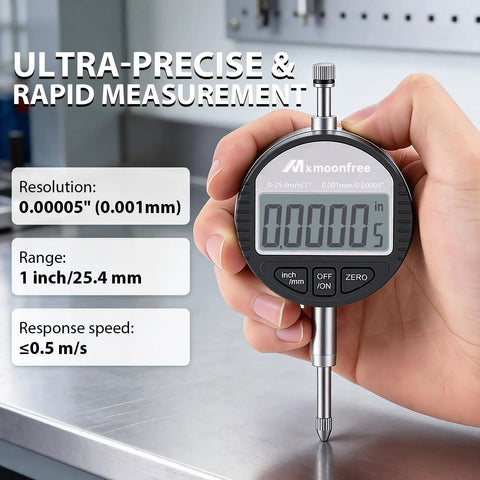 Hand holding Digital Dial Indicator 1 Inch 25.4 mm With LCD Readout And Ultra Precise 0.001 mm 0.00005 In Resolution High Speed Electronic Probe Gauge
