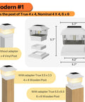 6 Pack Solar Post Cap Lights For 4x4 Vinyl And 4x4 To 6x6 Wood Posts, Waterproof Outdoor Deck Fence Lighting diagram showing sizes.