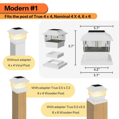 6 Pack Solar Post Cap Lights For 4x4 Vinyl And 4x4 To 6x6 Wood Posts, Waterproof Outdoor Deck Fence Lighting diagram showing sizes.
