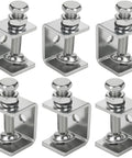 Boss 6 Pack Stainless Steel C Clamp Set With Protective Jaws For Smooth Woodworking And Welding Tasks Legit Heavy Duty Mini Tiger G Clamps That Hold Fast No Sweat 1 3/16 Inch Jaw - Close up of six C clamps with shiny finish.