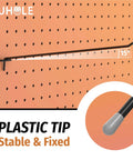 25 Pack Black Pegboard Hooks 12 Inch Heavy Duty L-Hooks For Quarter-Inch Pegboards Garage Tool Organizer And Display Hangers With 30 Pound Capacity For Retail Craft Storage And Workshop Use, shown side view with plastic tip detail.