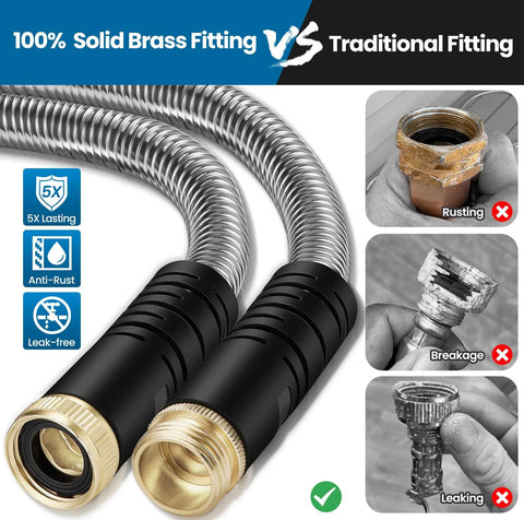 Garden hose, 100ft metal hose with brass fittings and 10-function nozzle