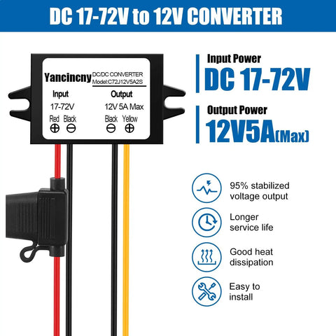 DC 24V To 12V Buck Converter 60W 5A Waterproof Regulator with labeled input and output, wiring, and fuse shown