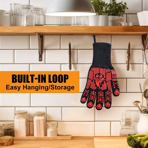 Extreme Heat Resistant BBQ Gloves with built-in loop for easy storage, red silicone non-slip finish, hanging in kitchen.