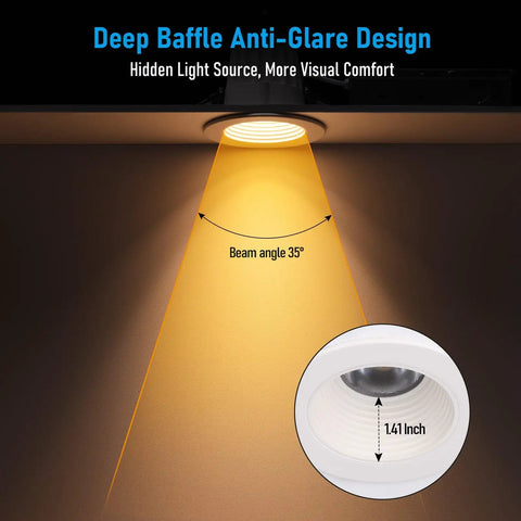 Close-up of TORCHSTAR 6-Pack 5CCT 4 Inch LED Recessed Lighting, Anti-Glare, CRI90 beam angle at 35 degrees and deep baffle design.