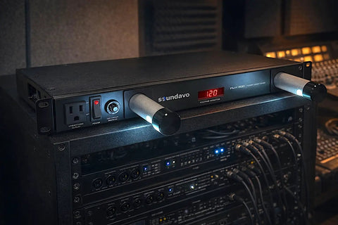 Dope 1U Rack Mount Power Conditioner With Knockout Surge Protection And Slick Noise Filtering Featuring LED lights and voltage monitor display.