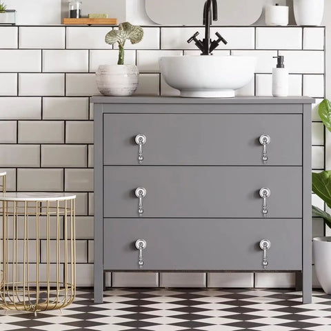 Gray dresser with Vintage Drop Cabinet Pulls Polished Nickel Zinc Alloy Retro Dresser Knobs And Drawer Handles in modern bathroom