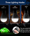 Palm Sized Portable LED Tent Light With Hanging Hook Emergency Lantern For Camping Hiking Backpacking Fishing And Power Outages Multicolor Glow 4 Pack Runs On 3 AAA Batteries Not Included highlighting lighting modes: low, high, strobe