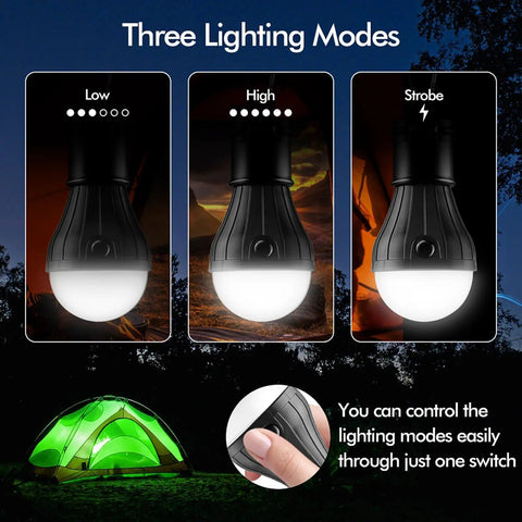 Palm Sized Portable LED Tent Light With Hanging Hook Emergency Lantern For Camping Hiking Backpacking Fishing And Power Outages Multicolor Glow 4 Pack Runs On 3 AAA Batteries Not Included highlighting lighting modes: low, high, strobe