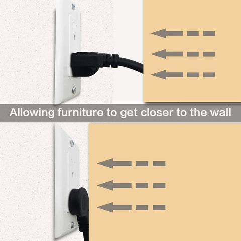 Flat plug in wall outlet showing Three Pack 3 Feet Flat Plug Extension Cord 14 AWG 15A 1875W Heavy Duty Black Space Saving Power Cords