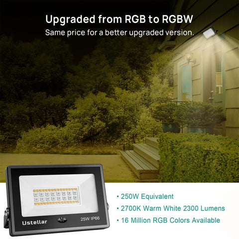 RGBW 25W LED Flood Light Color Changing 16 Million Colors IP66 Indoor Outdoor Uplighting next to illuminated building