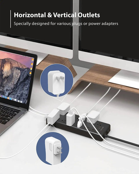 Power Strip Surge Protector With 12 Widely Spaced AC Outlets And 4 USB Ports 5ft Heavy Duty Extension Cord black under desk