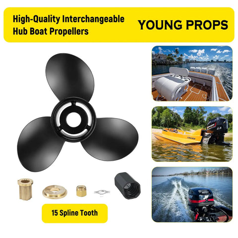 Upgrade Aluminum Boat Propeller For Mercury Outboards 40-150 HP 13 3/4 Inch Diameter 15 Pitch RH 3 Blade Spline 15 OEM 48-77342A45 Replacement Hub Kit Included displayed with boating scenes and components.