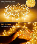Close-up of LED firecracker twinkle string lights being shaped by hands, showcasing 120LED 10Ft Solar Fairy Lights Outdoor Waterproof With 8 Modes IP65 Firecracker Twinkle String Lights For Patio Yard Garden Party Vibe Decor Warm White For All Weather Outdoor Use.