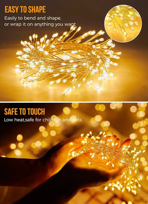 Close-up of LED firecracker twinkle string lights being shaped by hands, showcasing 120LED 10Ft Solar Fairy Lights Outdoor Waterproof With 8 Modes IP65 Firecracker Twinkle String Lights For Patio Yard Garden Party Vibe Decor Warm White For All Weather Outdoor Use.