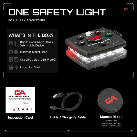 Micro Series Safety Lights All White Front And Red Rear Rechargeable Magnetic Hands Free Wearable LED Flashlight package contents