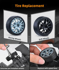 One Twenty Four Scale Four Wheel Drive RC Drift Car tire replacement showing racing and drift wheels, tool in use