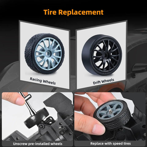 One Twenty Four Scale Four Wheel Drive RC Drift Car tire replacement showing racing and drift wheels, tool in use