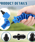 Hand holding Drip Irrigation Hole Punch Tool for One Quarter Inch Fittings with 50 Goof Plugs, shown with blue handle and black punch tip.