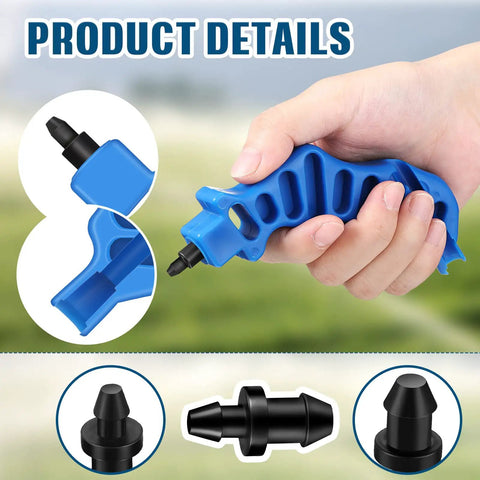 Hand holding Drip Irrigation Hole Punch Tool for One Quarter Inch Fittings with 50 Goof Plugs, shown with blue handle and black punch tip.