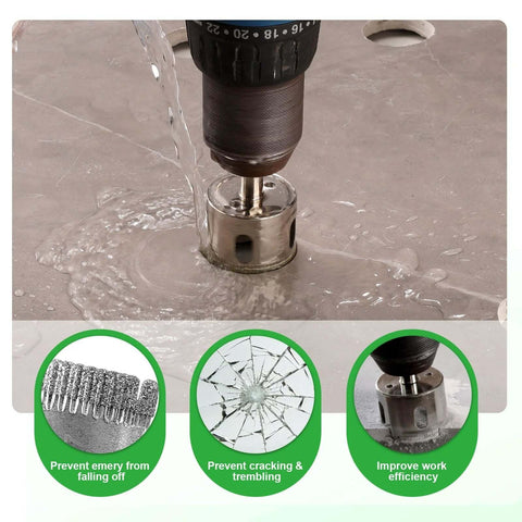 Diamond hole saw kit, 18 pcs, with double suction cup guide and 6-50 mm dry/wet drill bits for ceramic and glass.