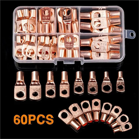 Get This Awesome 60 Piece Copper Wire Lug Connector Ring Kit SC6-25 Electric Crimp Terminal Set Perfect For Bare Cable With Secure Close End Pad Seal And Great Current Flow Capacity. 60pcs copper ring lugs in storage case, SC6-6 to SC6-25