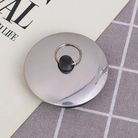 2pcs Rubber Bathtub Drain Stopper for Kitchen and Laundry Use, round stainless steel design with a black rubber center.