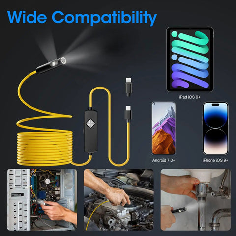 1920P HD Borescope With 8 Adjustable LEDs, 32.8ft semi-rigid snake camera, compatible with iPhone and Android devices, used in pipe inspection.