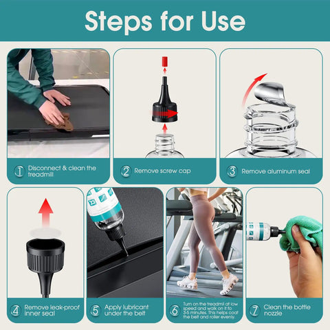 Steps for using 100 Percent Silicone Treadmill Belt Lubricant with application and cleaning instructions.