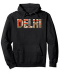 Dope Delhi India Travel Souvenir Hoodie Highlighting Legendary Lotus Temple And Auto Rickshaw Graphics Classic Fit Black Pullover, front view