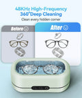 Pro Gear Slick Ultrasonic Cleaner For Jewelry And Glasses With Dual Cleaning Modes And Strong 48 Khz Waves To Sweep Out Tough Gunk With Plain Tap Water For Bright Shine, showing glasses before and after cleaning.